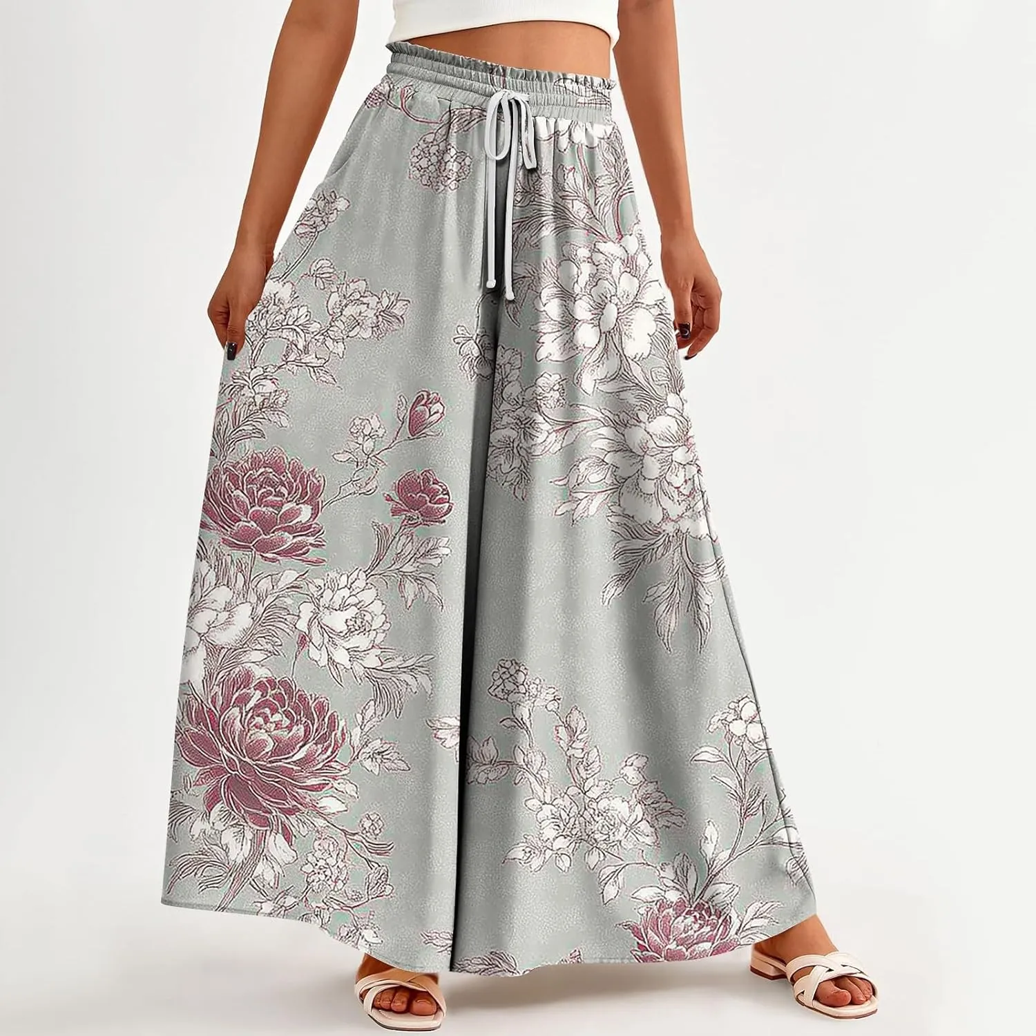 WANZZXCSL Women Casual High Waist Wide Leg Pants Summer Fashion Long Palazzo Pants Lounge Beach Trousers with Pocket