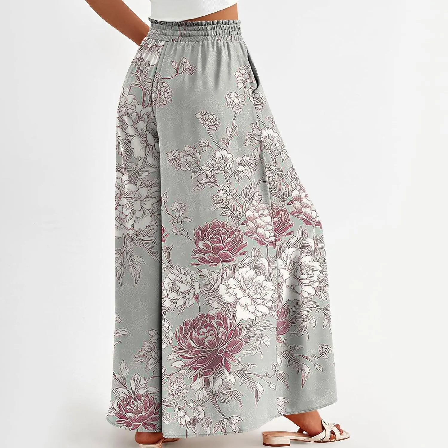 WANZZXCSL Women Casual High Waist Wide Leg Pants Summer Fashion Long Palazzo Pants Lounge Beach Trousers with Pocket