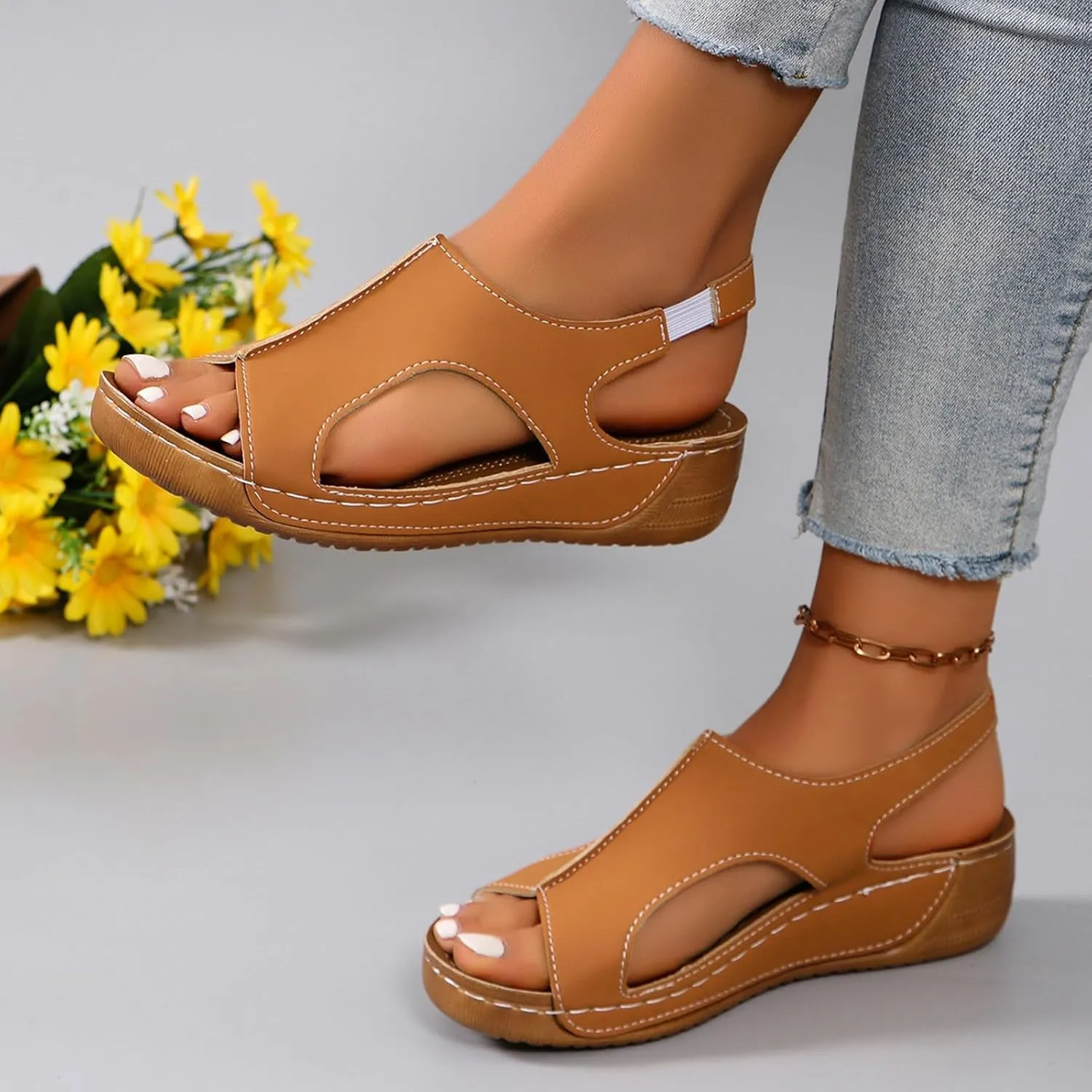 Wedge Sandals for Women Orthopedic Sandals Arch Support Comfortable Sandals Ankle Strap Open Toe Platform Slingback Summer Fish Mouth Sandals