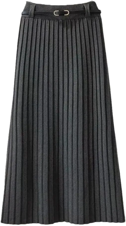 Winter White Knit Skirts Women Autumn Skirts High Waist Slim Midi Long Pleated A- Line Skirts with Belt