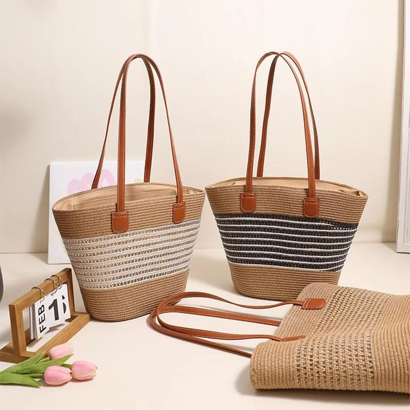 Women Beach Bags Summer Tote Bag Large Woven Straw Bucket Purse for Vacation Holiday Stripes Shoulder Handbag Black