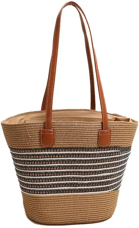 Women Beach Bags Summer Tote Bag Large Woven Straw Bucket Purse for Vacation Holiday Stripes Shoulder Handbag Black