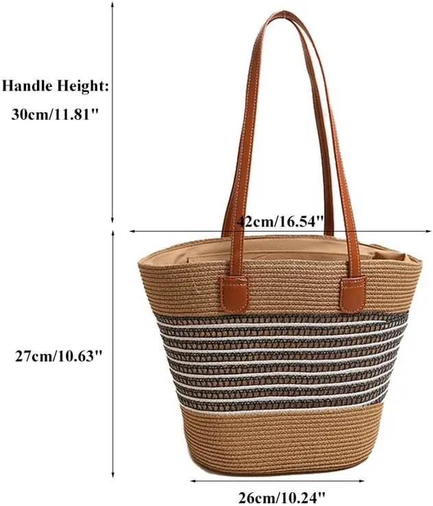 Women Beach Bags Summer Tote Bag Large Woven Straw Bucket Purse for Vacation Holiday Stripes Shoulder Handbag Black