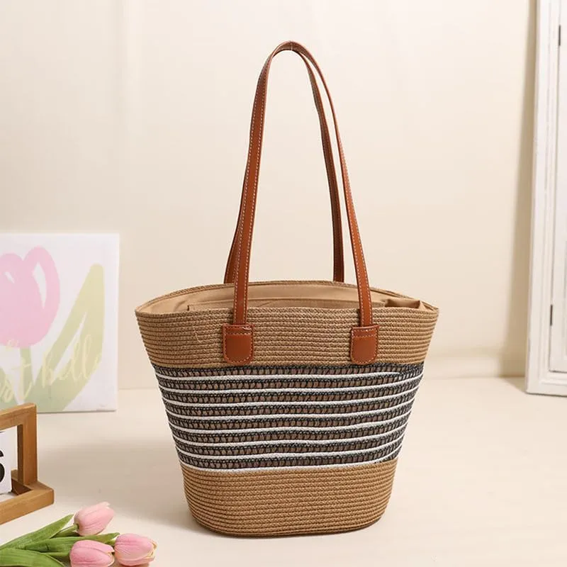 Women Beach Bags Summer Tote Bag Large Woven Straw Bucket Purse for Vacation Holiday Stripes Shoulder Handbag Black
