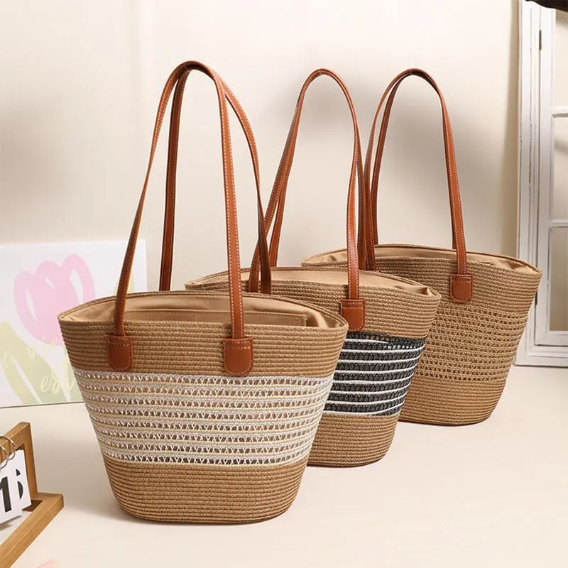 Women Beach Bags Summer Tote Bag Large Woven Straw Bucket Purse for Vacation Holiday Stripes Shoulder Handbag Black