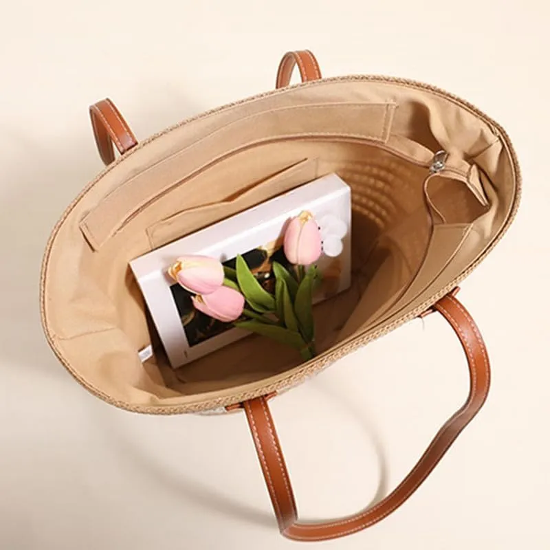 Women Beach Bags Summer Tote Bag Large Woven Straw Bucket Purse for Vacation Holiday Stripes Shoulder Handbag Black