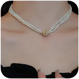 Women Bridal Vintage Golden Short Imitation Pearl Rhinestones Shiny Choker Necklace Fashion Punk Beads Simple Sexy Bar Nightclub Necklaces for Women