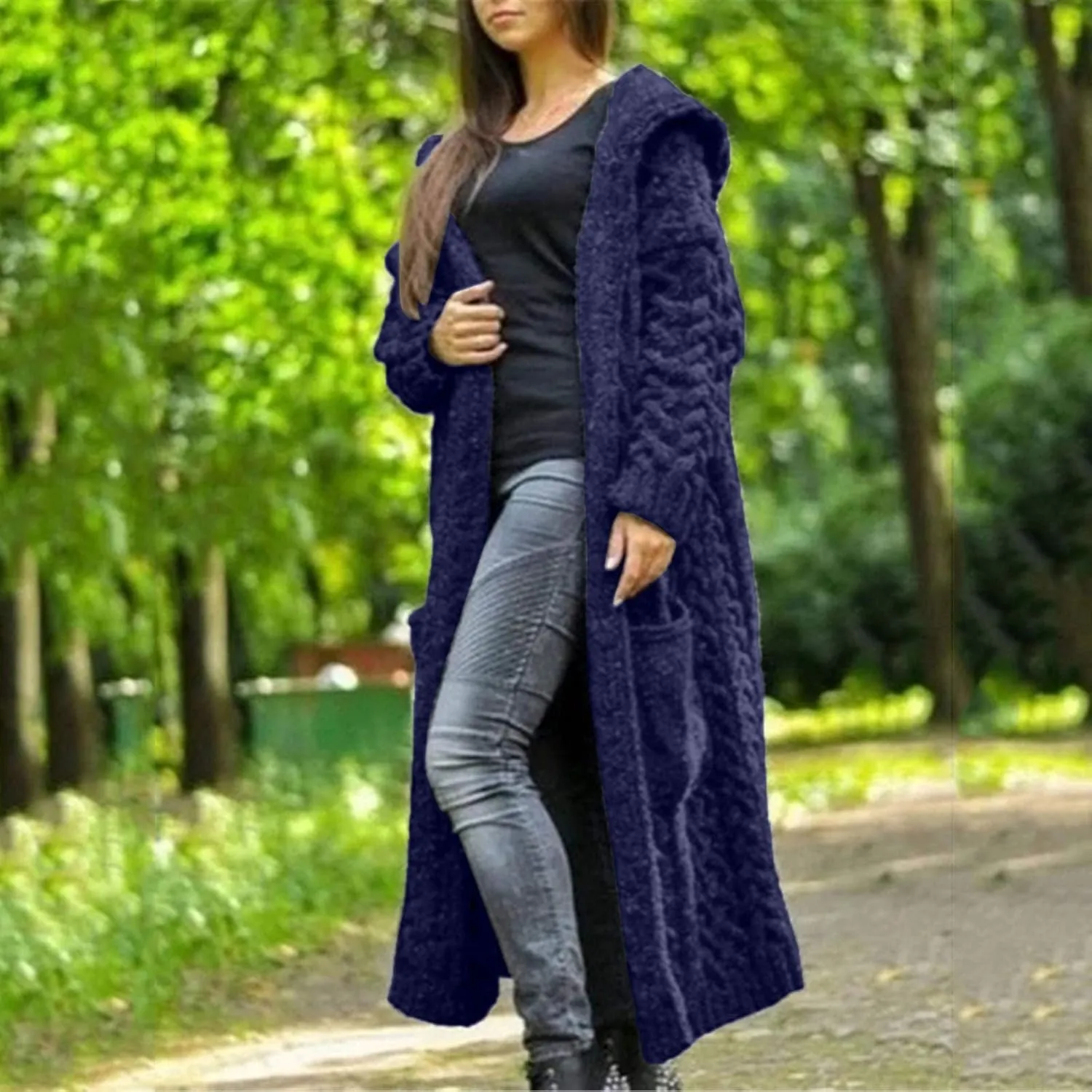 Women Chunky Knit Sweater Coats Solid Hooded Long Cardigan Sweaters Winter Outwear Loose Knitted Jacket with
