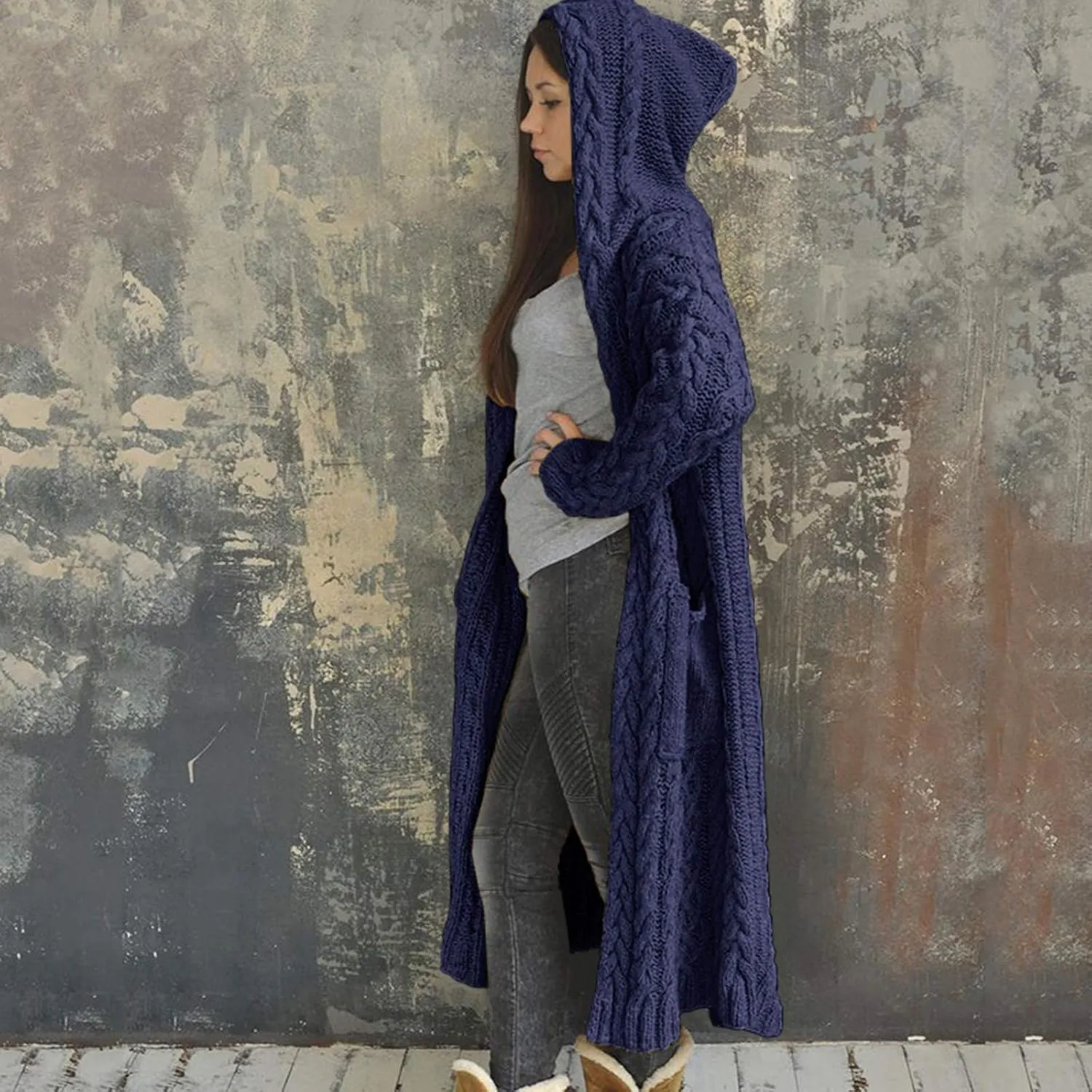 Women Chunky Knit Sweater Coats Solid Hooded Long Cardigan Sweaters Winter Outwear Loose Knitted Jacket with
