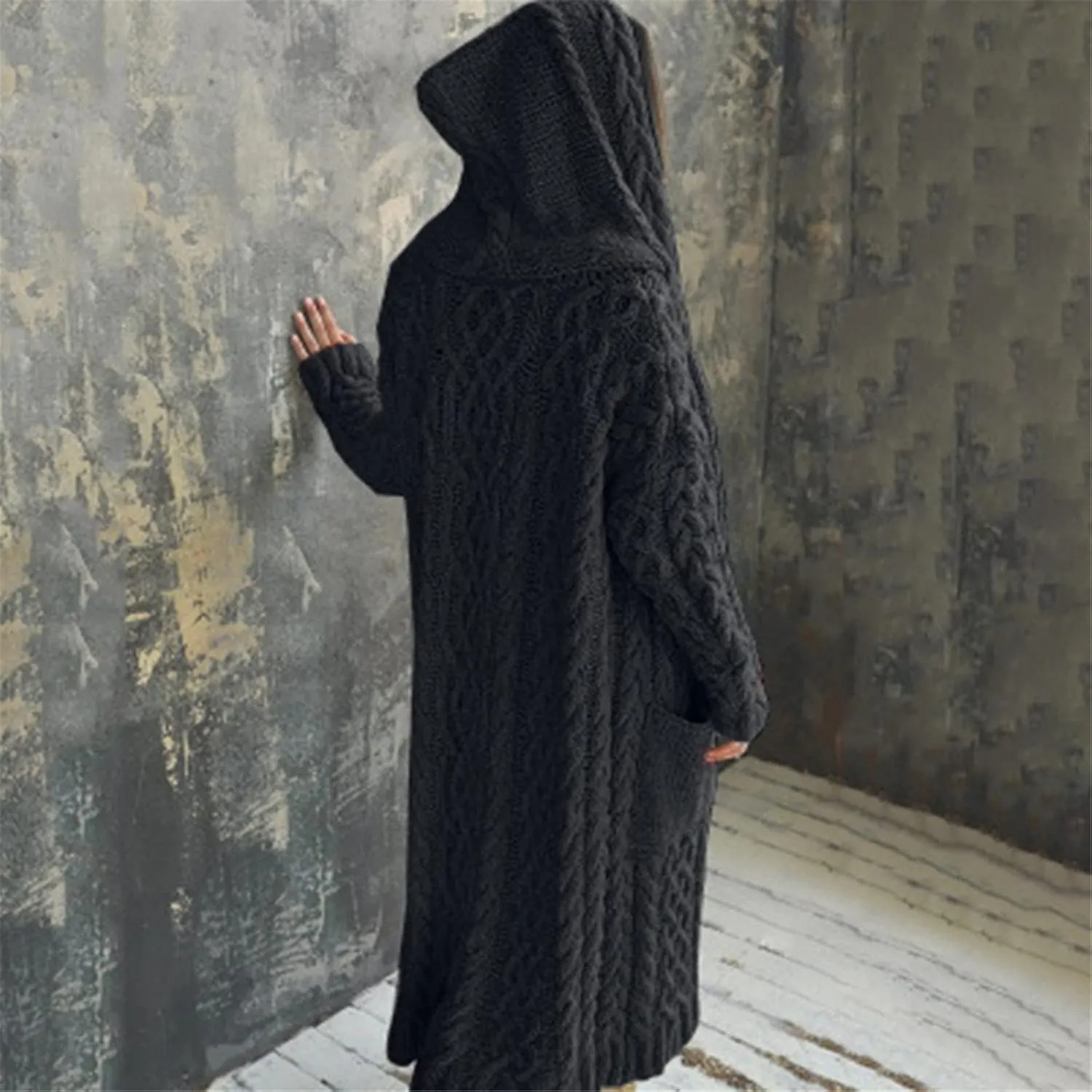 Women Chunky Knit Sweater Coats Solid Hooded Long Cardigan Sweaters Winter Outwear Loose Knitted Jacket with