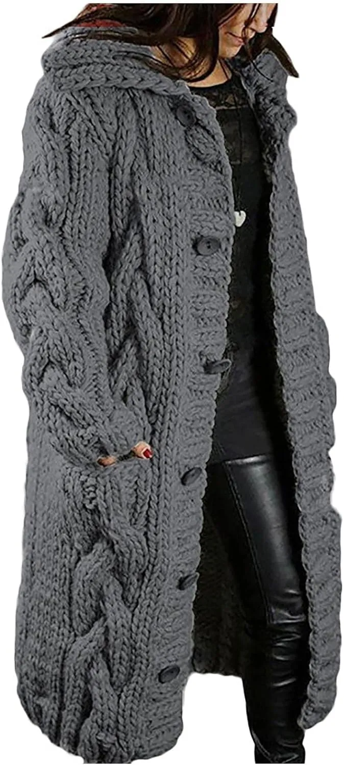 Women Chunky Knit Sweater Coats Trendy Long Cardigan Sweaters with Pockets Fall Winter Jacket Button Blouse
