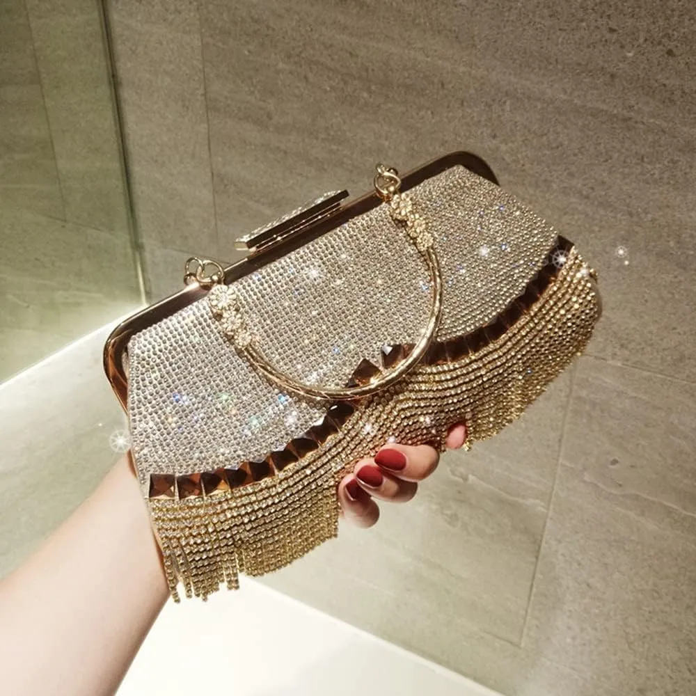 Women Diamond Studs Tassel Clutch Bag Wedding Clutch Beaded Party Dress Banquet Clutch Purse Female Evening Handbag (Color : Silver)