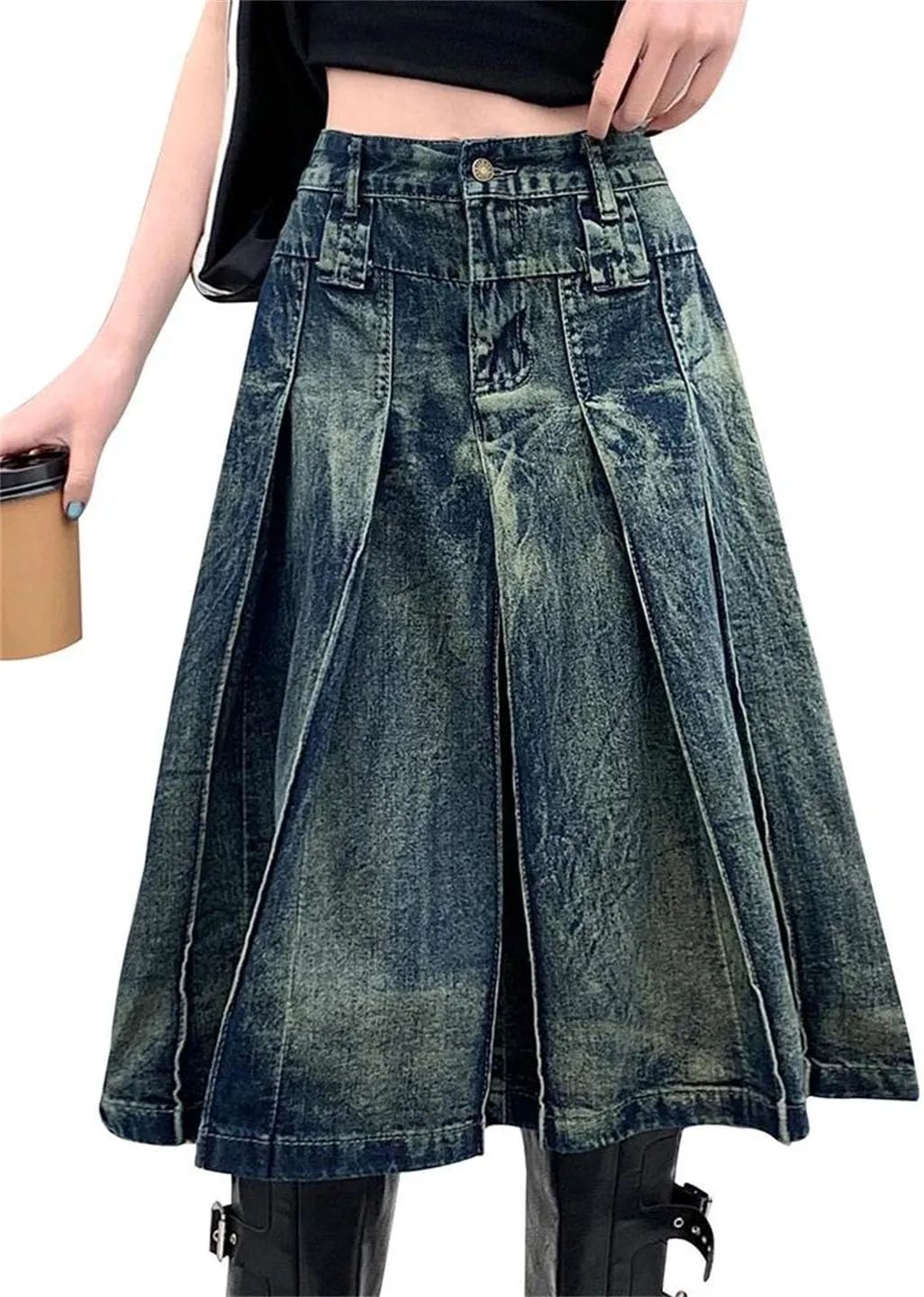 Women Jeans Skirts Summer High Waist A-Line Pleated Loose Casual Midi Denim Skirts