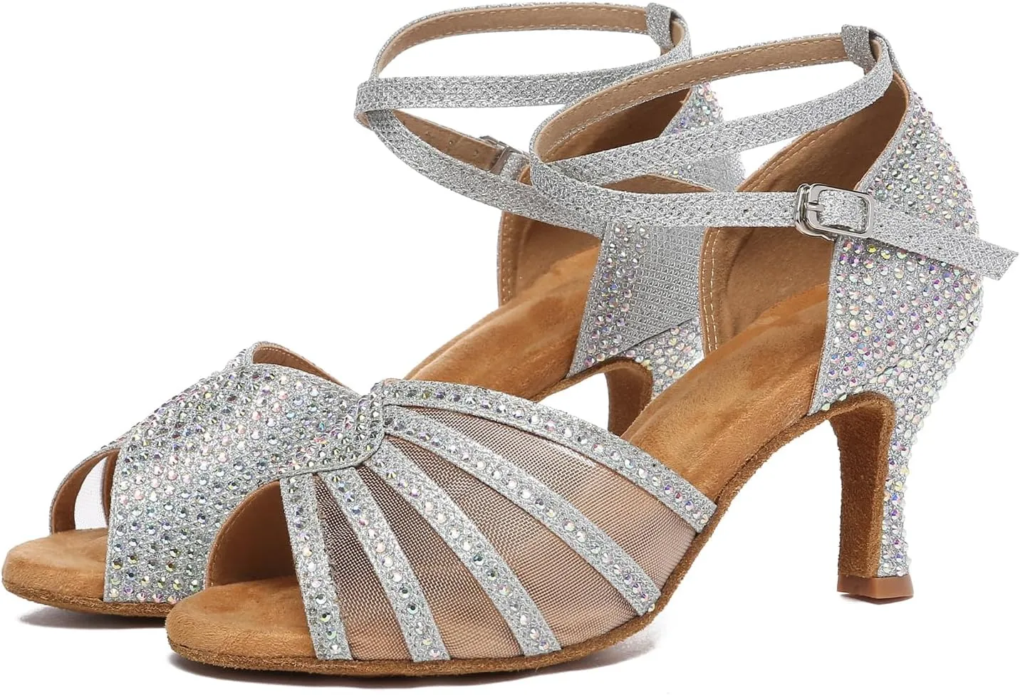 Women Latin Dance Shoes Rhinestone Professional Salsa Bachata Performance Ballroom Dancing Shoes,Model YCL598-7.5cm Heel