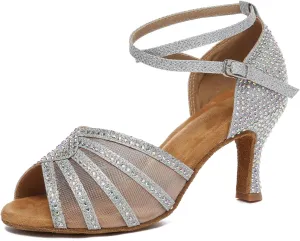 Women Latin Dance Shoes Rhinestone Professional Salsa Bachata Performance Ballroom Dancing Shoes,Model YCL598-7.5cm Heel