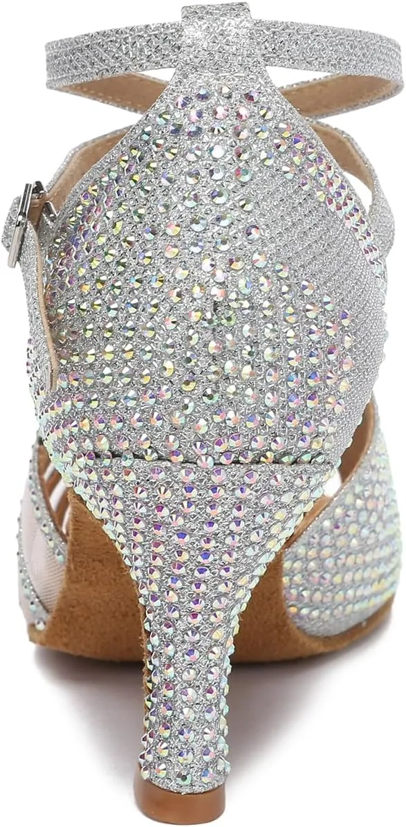 Women Latin Dance Shoes Rhinestone Professional Salsa Bachata Performance Ballroom Dancing Shoes,Model YCL598-7.5cm Heel