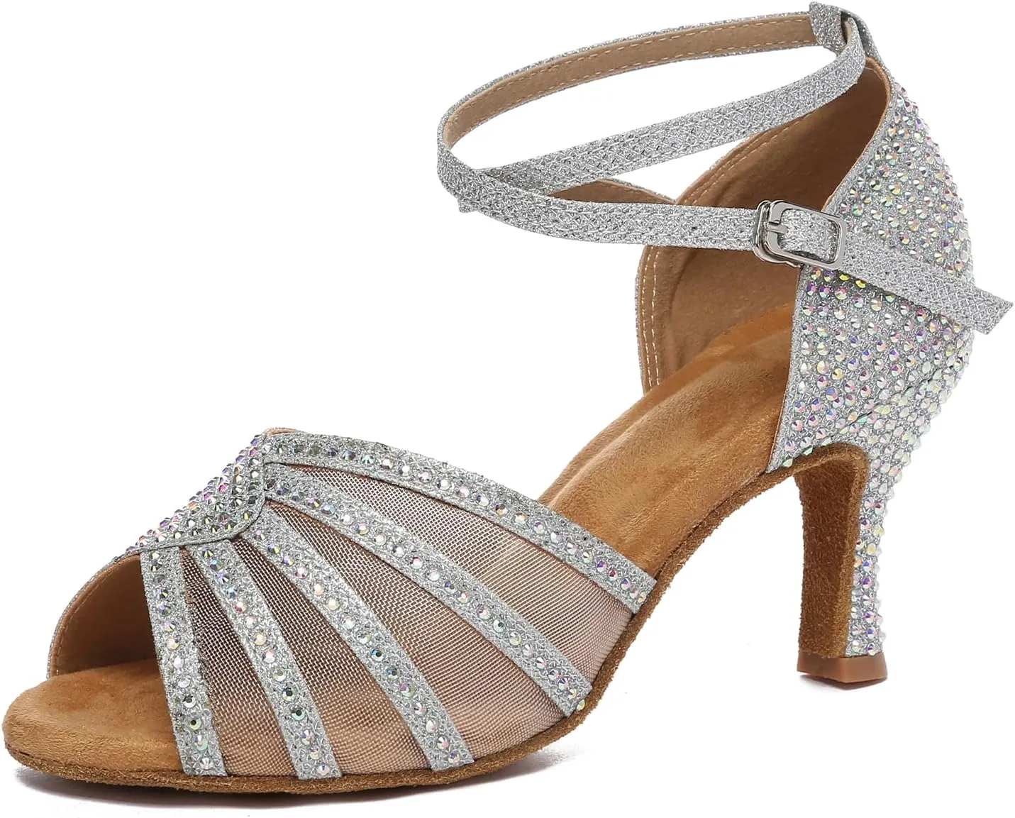 Women Latin Dance Shoes Rhinestone Professional Salsa Bachata Performance Ballroom Dancing Shoes,Model YCL598-7.5cm Heel