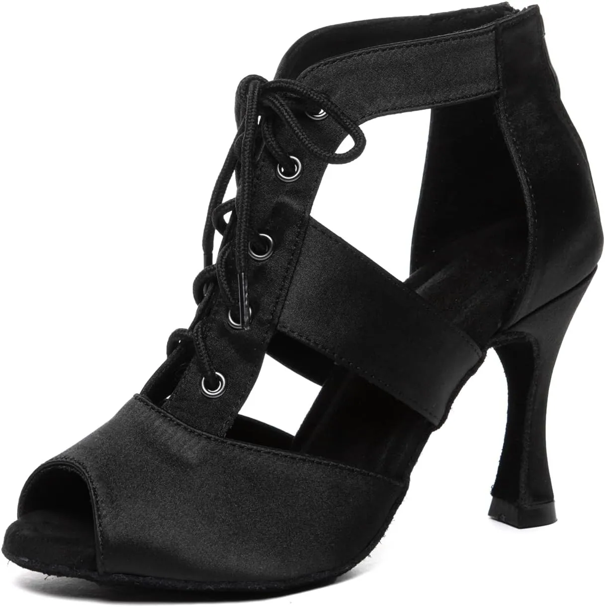 Women Latin Dance Shoes with Zipper Peep Toe Salsa Bachata Ballroom Dance Boots 3.5 inch Heels
