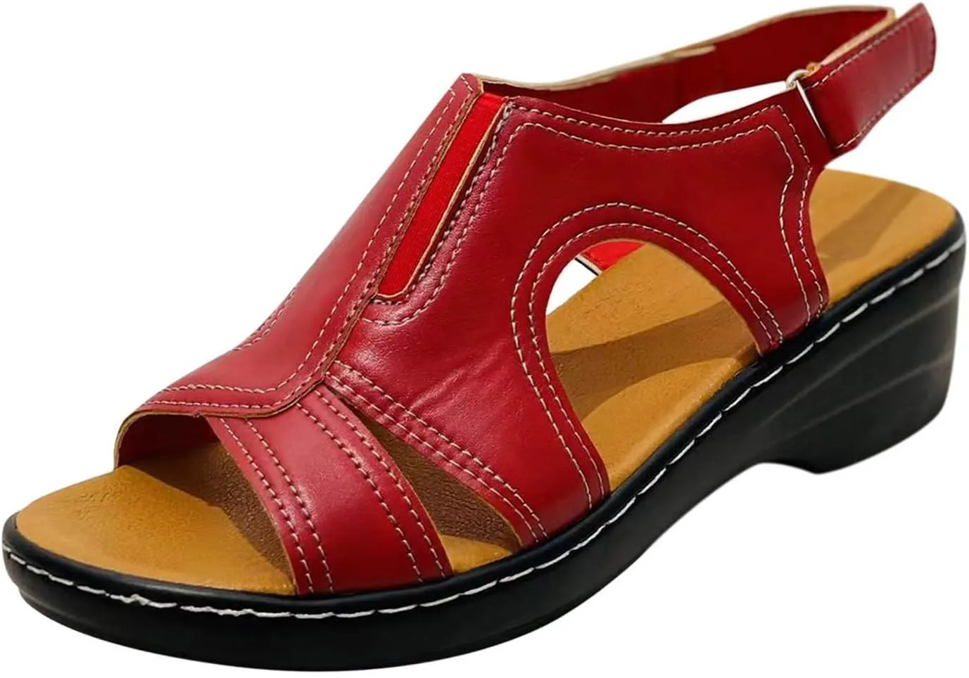 Women Orthopedic Platform Wedge Sandals 2025 Summer Open Toe Wide Width Arch Support Elastic Ankle Strap Sandals Stitching Hollow Thick Soles Walking Beach Casual Outdoor Shoes