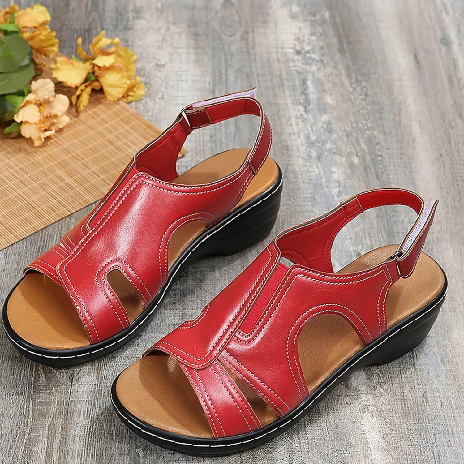 Women Orthopedic Platform Wedge Sandals 2025 Summer Open Toe Wide Width Arch Support Elastic Ankle Strap Sandals Stitching Hollow Thick Soles Walking Beach Casual Outdoor Shoes