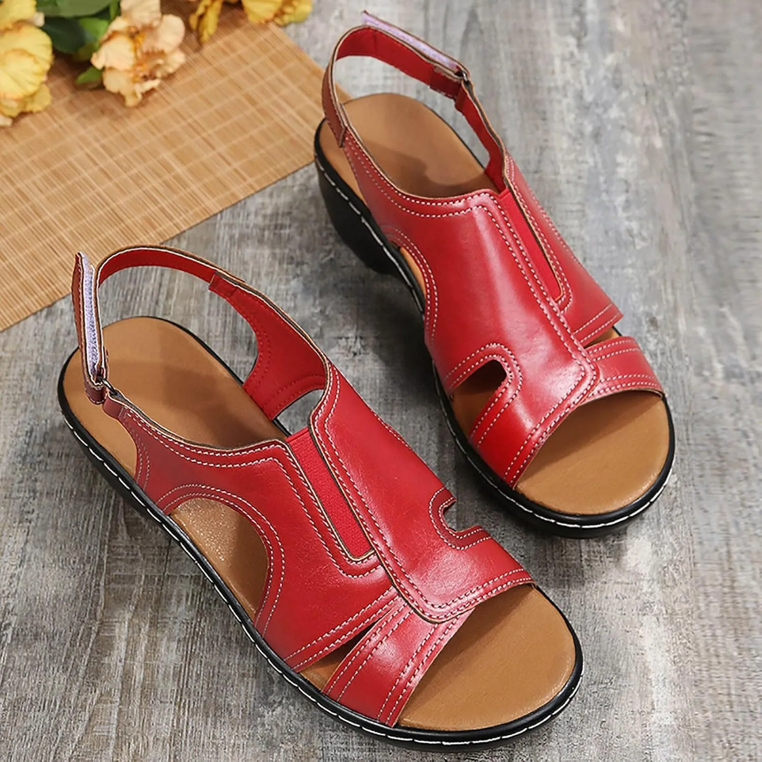 Women Orthopedic Platform Wedge Sandals 2025 Summer Open Toe Wide Width Arch Support Elastic Ankle Strap Sandals Stitching Hollow Thick Soles Walking Beach Casual Outdoor Shoes