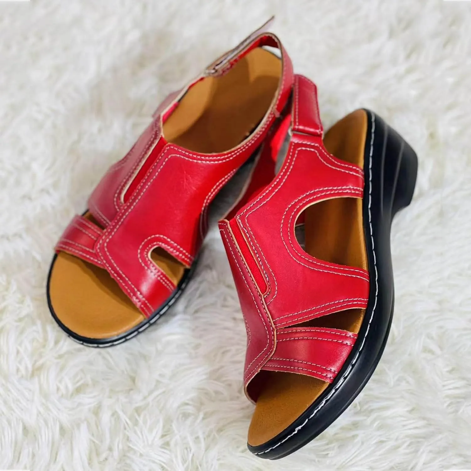 Women Orthopedic Platform Wedge Sandals 2025 Summer Open Toe Wide Width Arch Support Elastic Ankle Strap Sandals Stitching Hollow Thick Soles Walking Beach Casual Outdoor Shoes