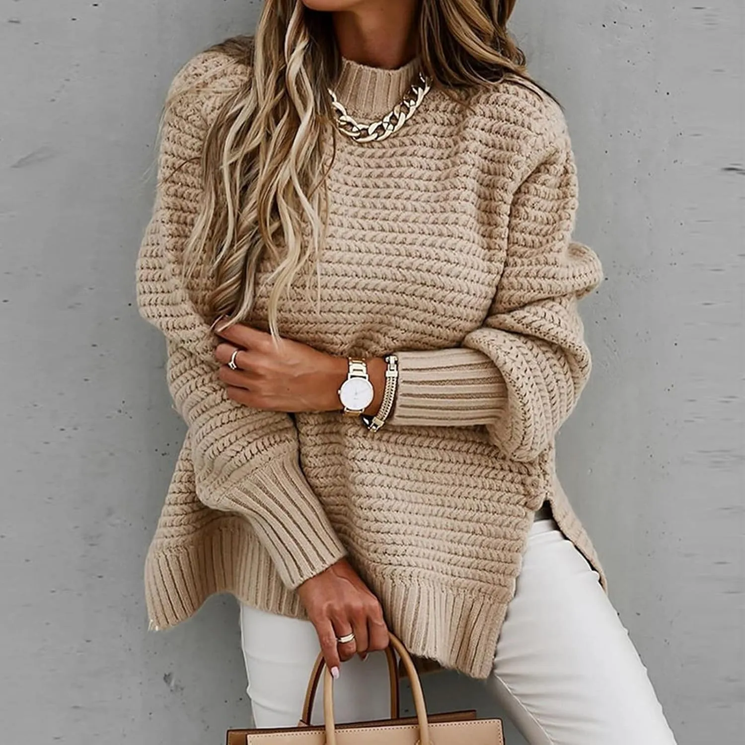 Women Oversized Chunky Cable Knit Sweaters 2024 Fashion Side Slit Hem Lantern Sleeve Crewneck Loose Fit Pullover