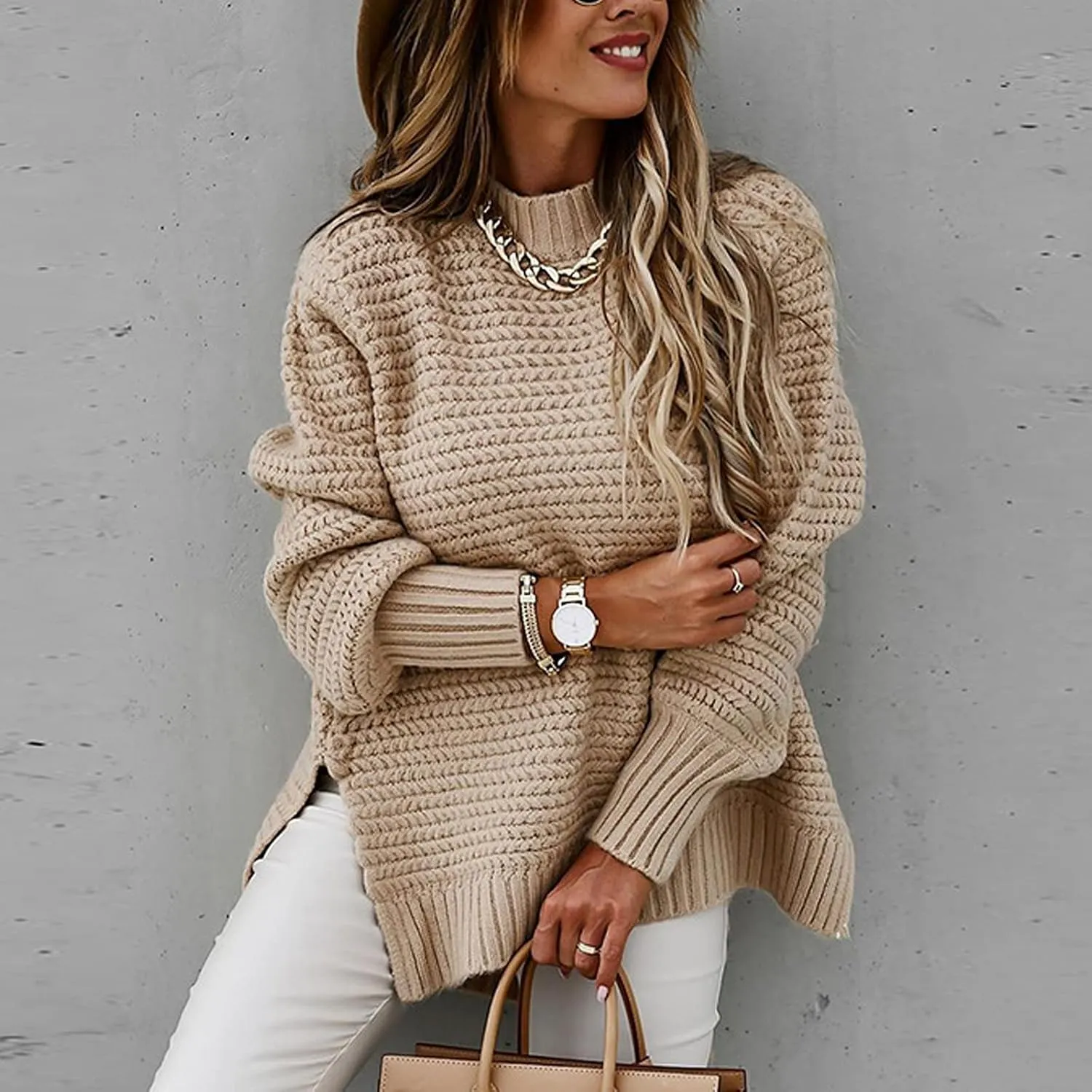 Women Oversized Chunky Cable Knit Sweaters 2024 Fashion Side Slit Hem Lantern Sleeve Crewneck Loose Fit Pullover