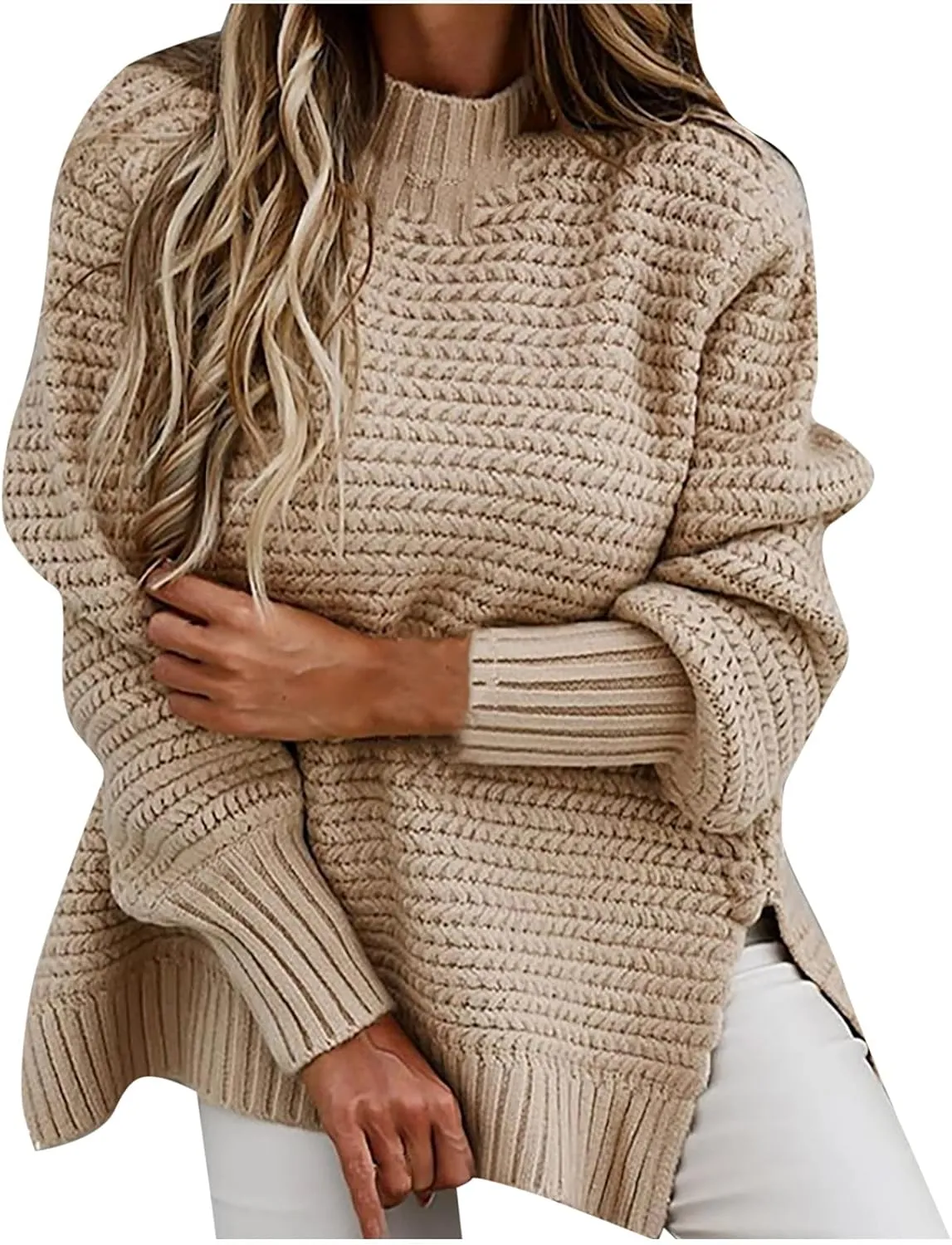 Women Oversized Chunky Cable Knit Sweaters 2024 Fashion Side Slit Hem Lantern Sleeve Crewneck Loose Fit Pullover
