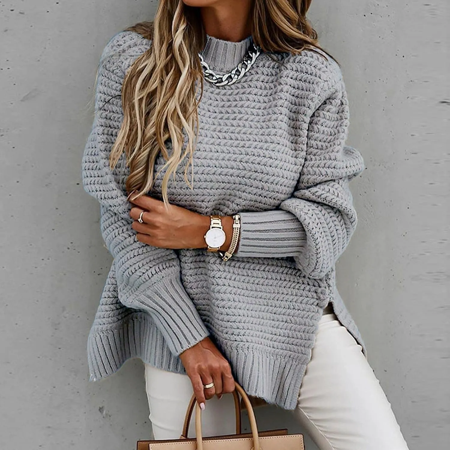 Women Oversized Chunky Cable Knit Sweaters 2024 Fashion Side Slit Hem Lantern Sleeve Crewneck Loose Fit Pullover