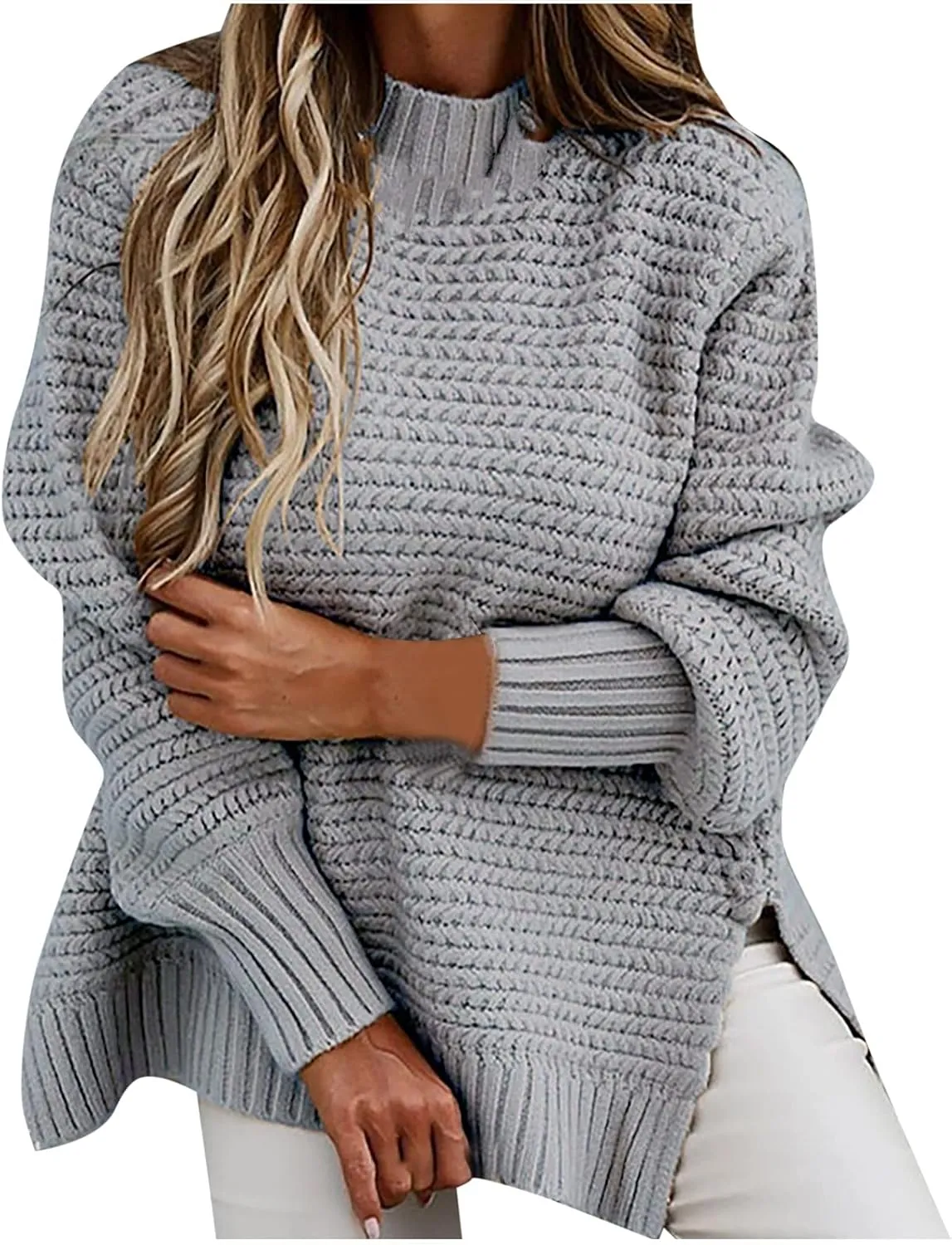Women Oversized Chunky Cable Knit Sweaters 2024 Fashion Side Slit Hem Lantern Sleeve Crewneck Loose Fit Pullover