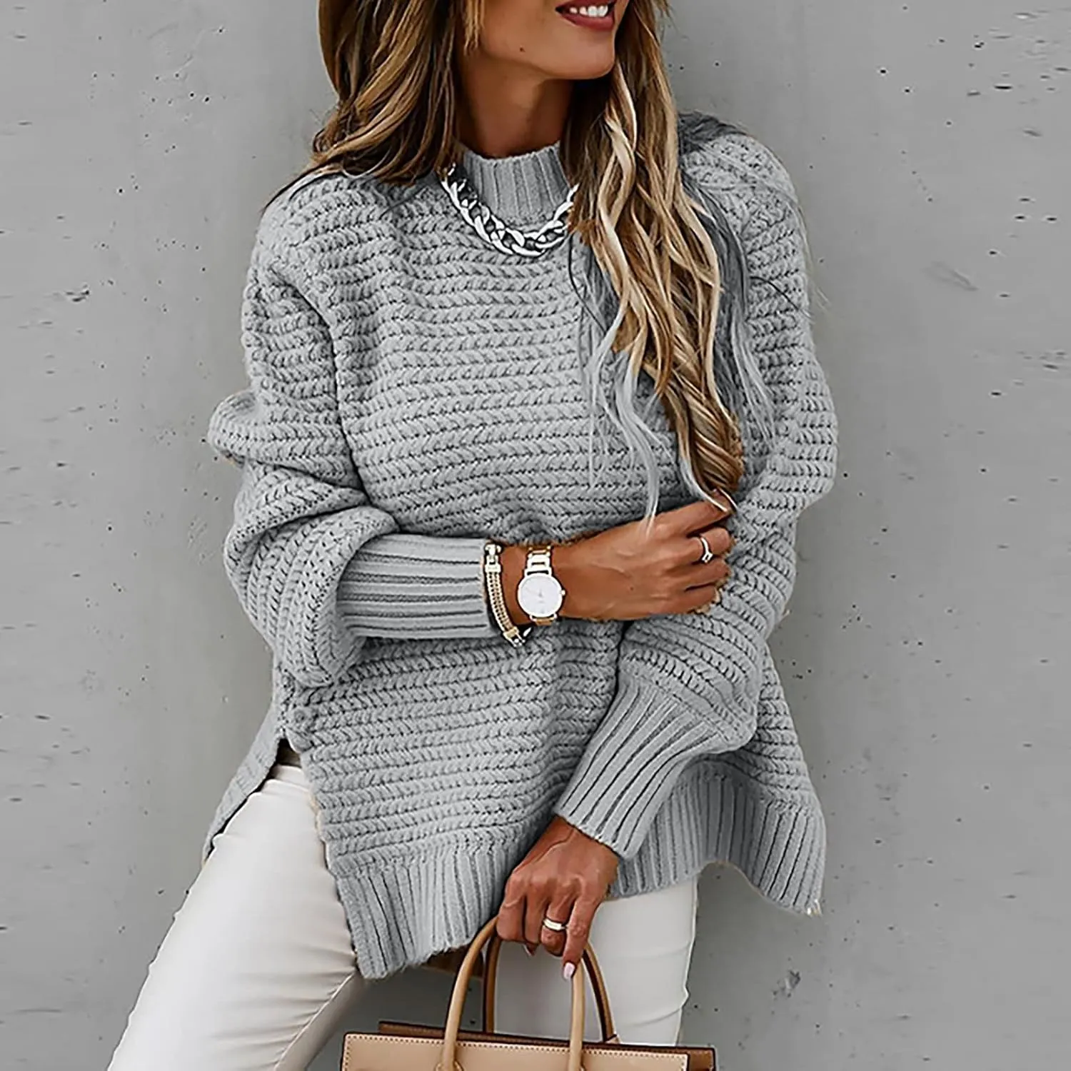 Women Oversized Chunky Cable Knit Sweaters 2024 Fashion Side Slit Hem Lantern Sleeve Crewneck Loose Fit Pullover