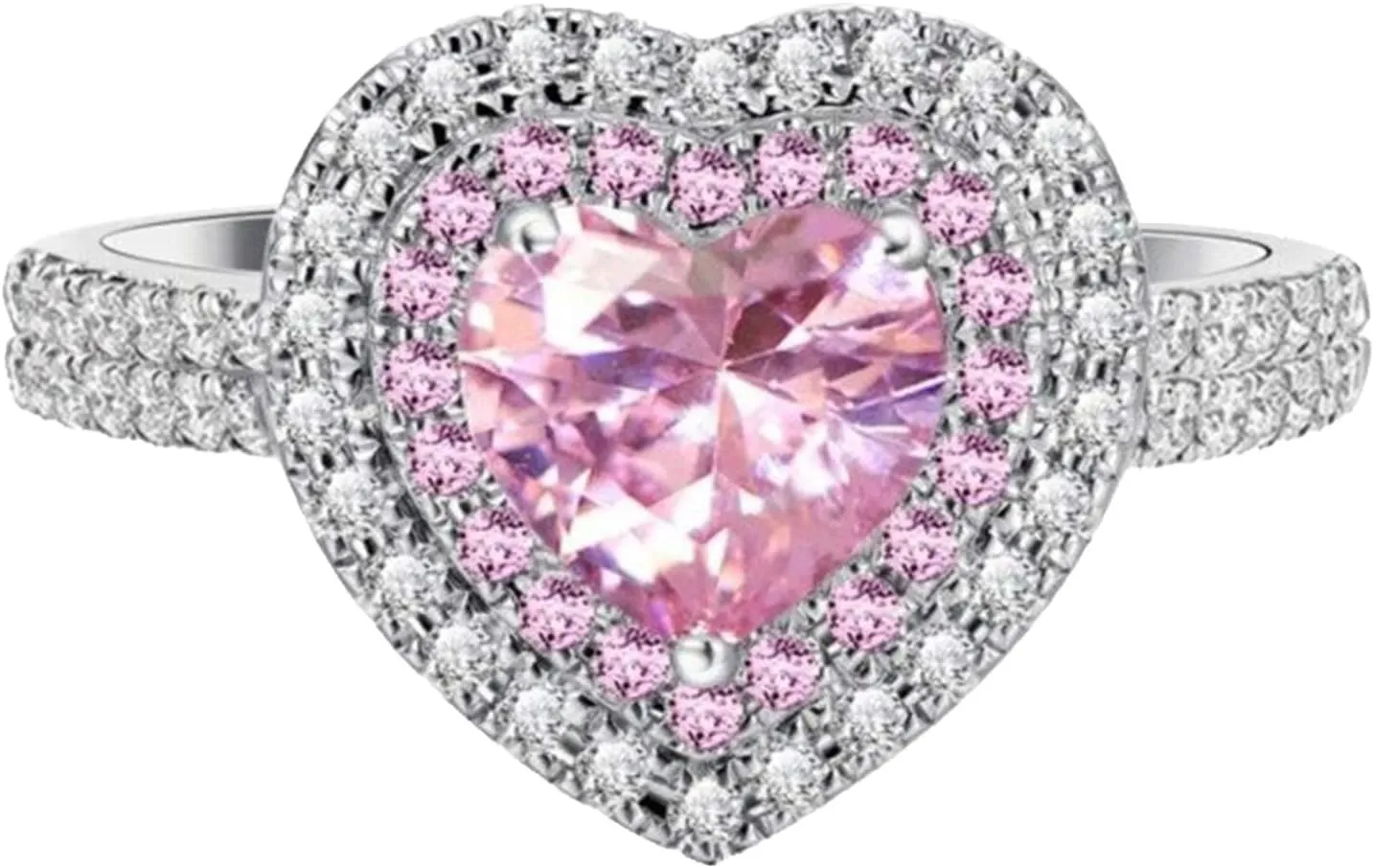 Women Pink Crystal Flower Rings Silver CZ Crystal Rings Large Flowers Floral Rings