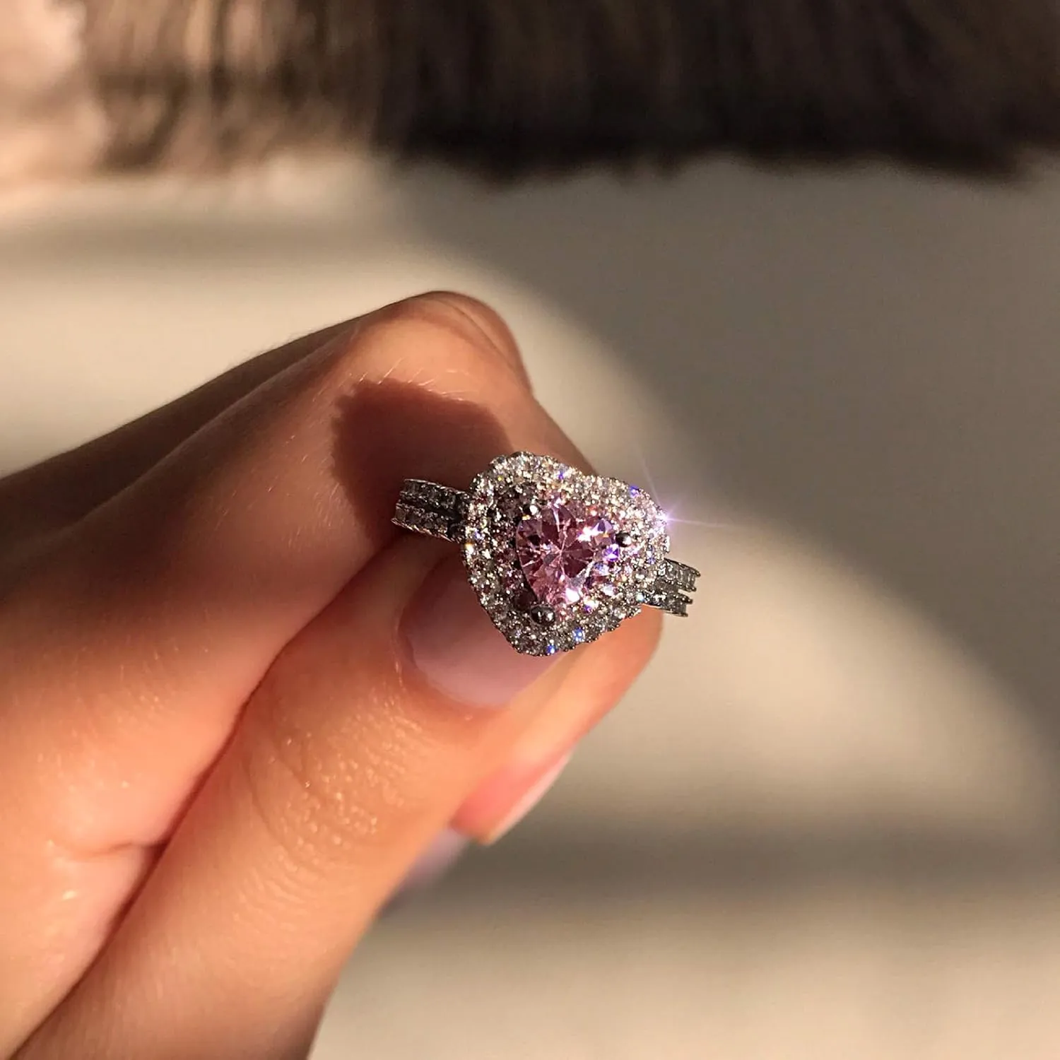 Women Pink Crystal Flower Rings Silver CZ Crystal Rings Large Flowers Floral Rings