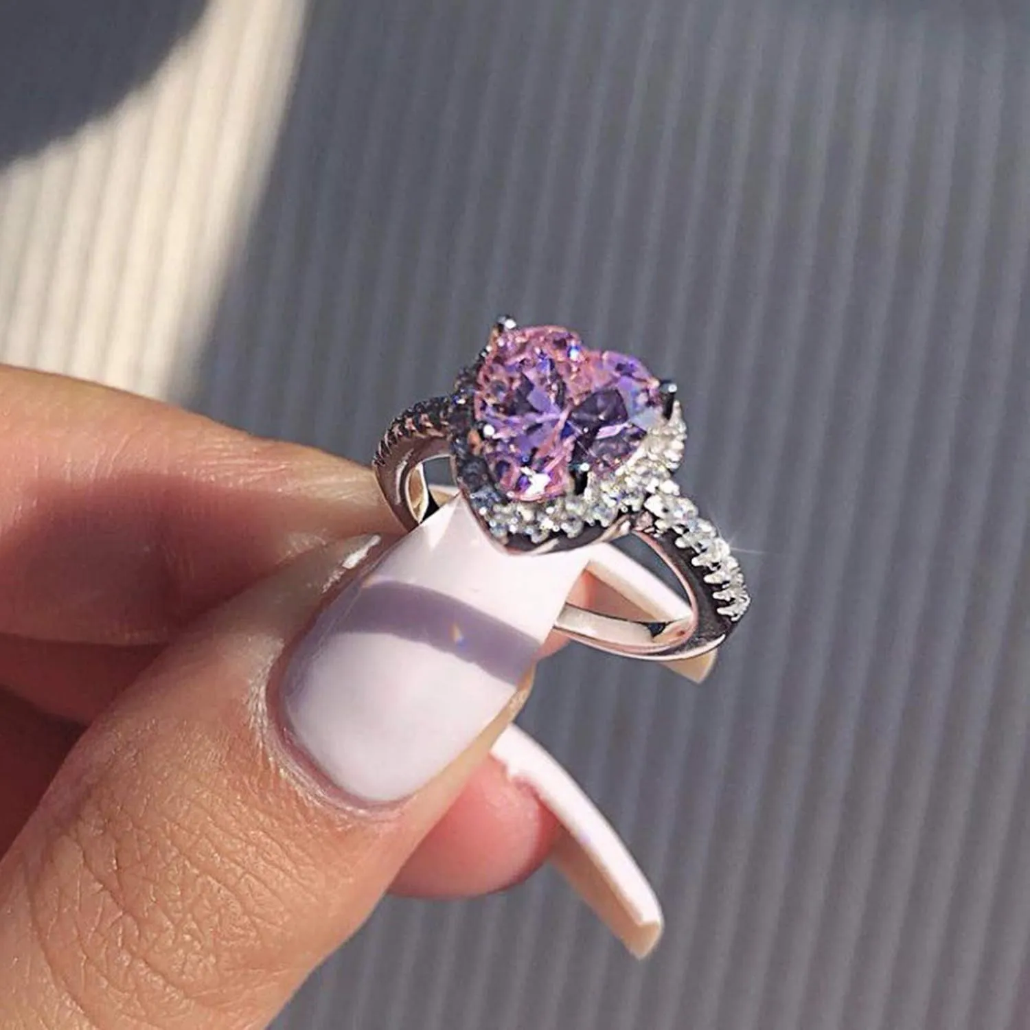 Women Pink Crystal Flower Rings Silver CZ Crystal Rings Large Flowers Floral Rings
