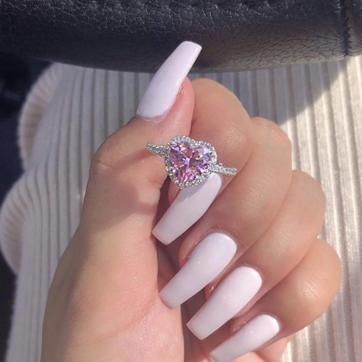 Women Pink Crystal Flower Rings Silver CZ Crystal Rings Large Flowers Floral Rings