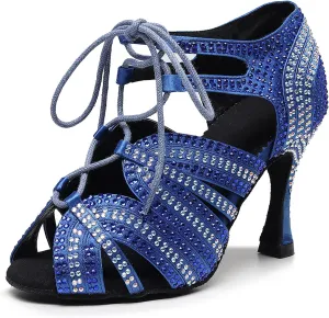 Women Rhinestone Dance Shoes Ballroom Latin Salsa Bachata Wedding Party Boots Performance Dancing High Heels