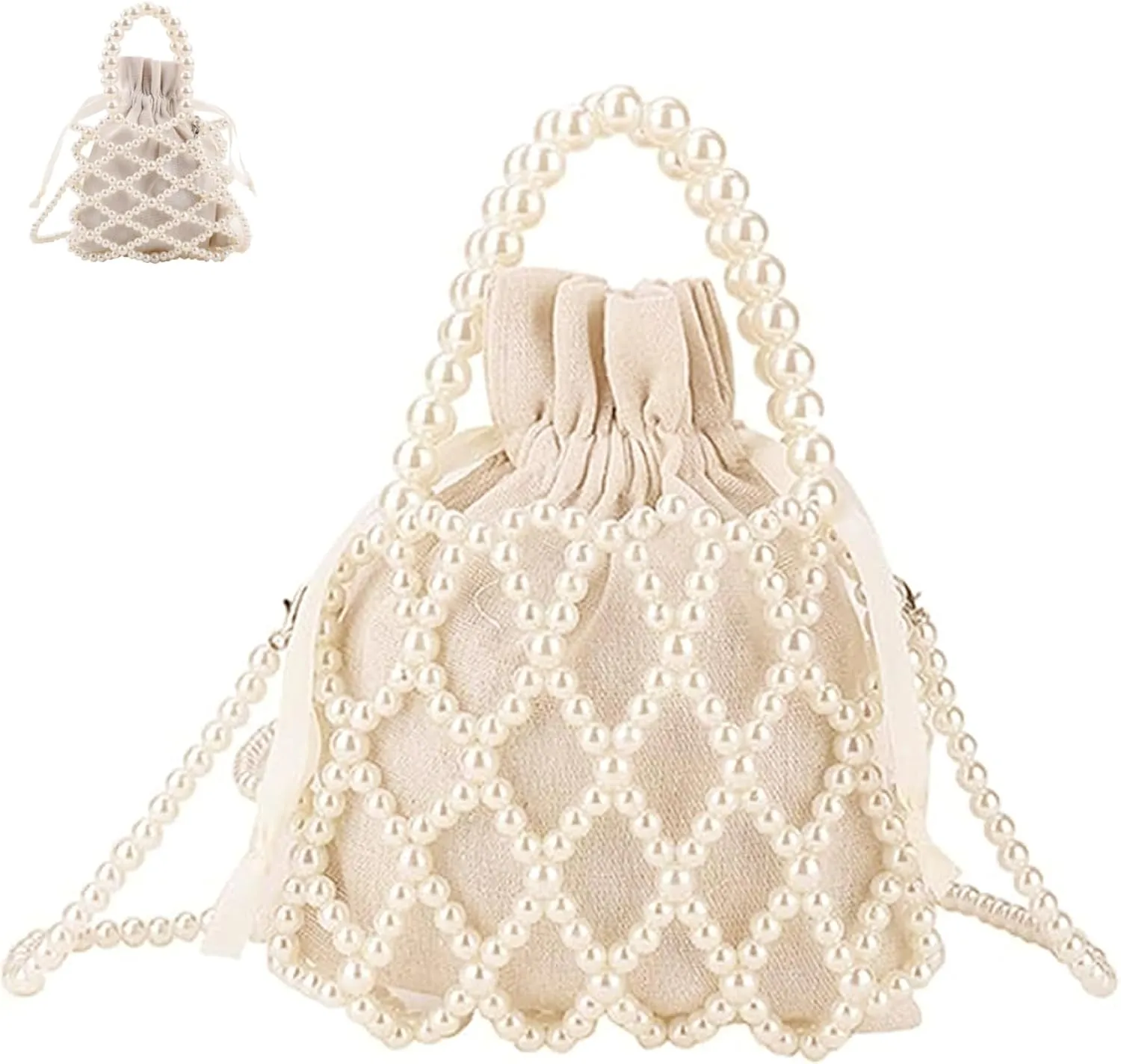 Women Top-Handle Bag, Pearl Woven Bucket Tote Bag, Women Beaded Pearl Evening Bucket, Diamonds Woven Handbages