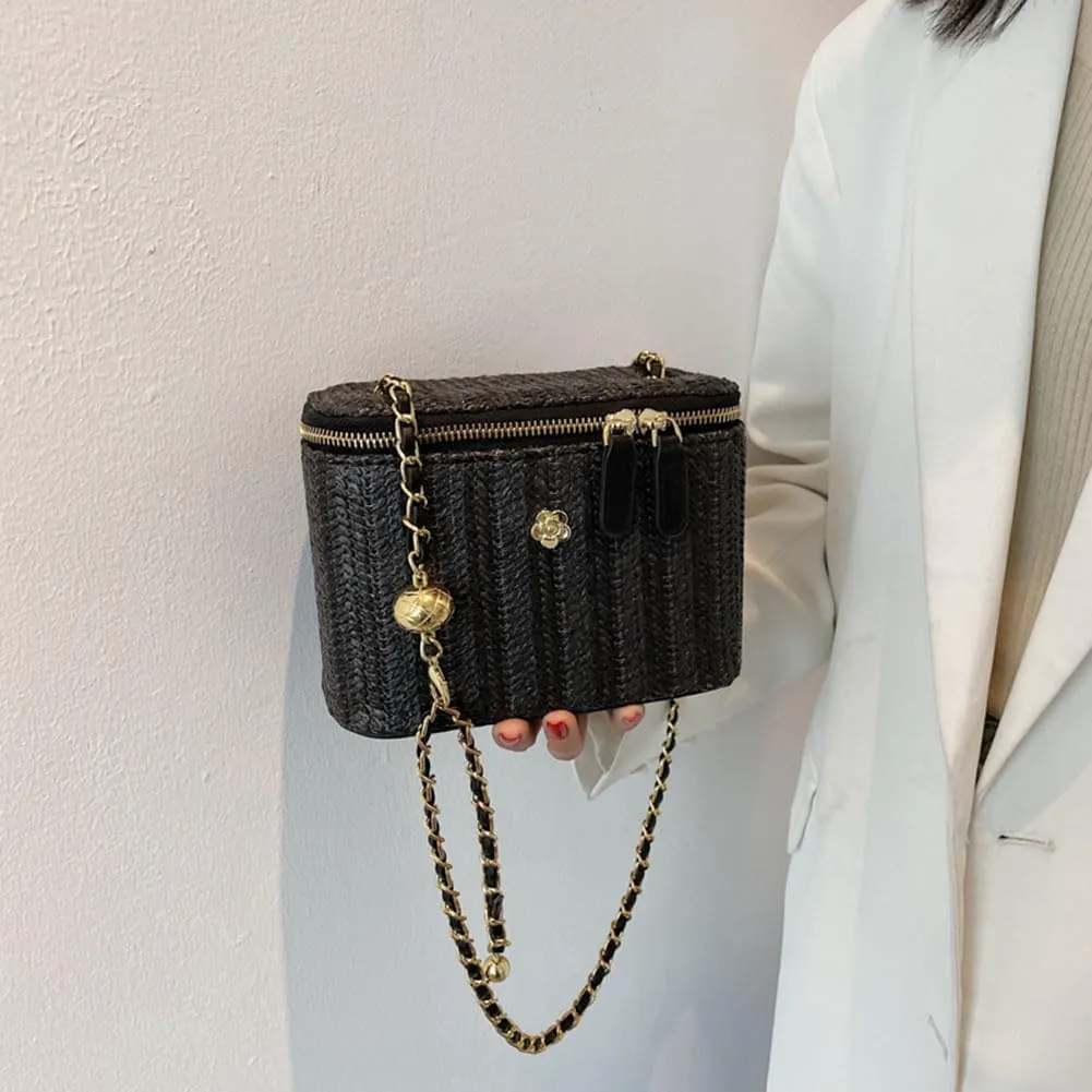 Women Woven Crossbody Bag with Chain Weaving Beach Handbag Straw Bucket Satchel Bag Ladies Summer Daily Bag