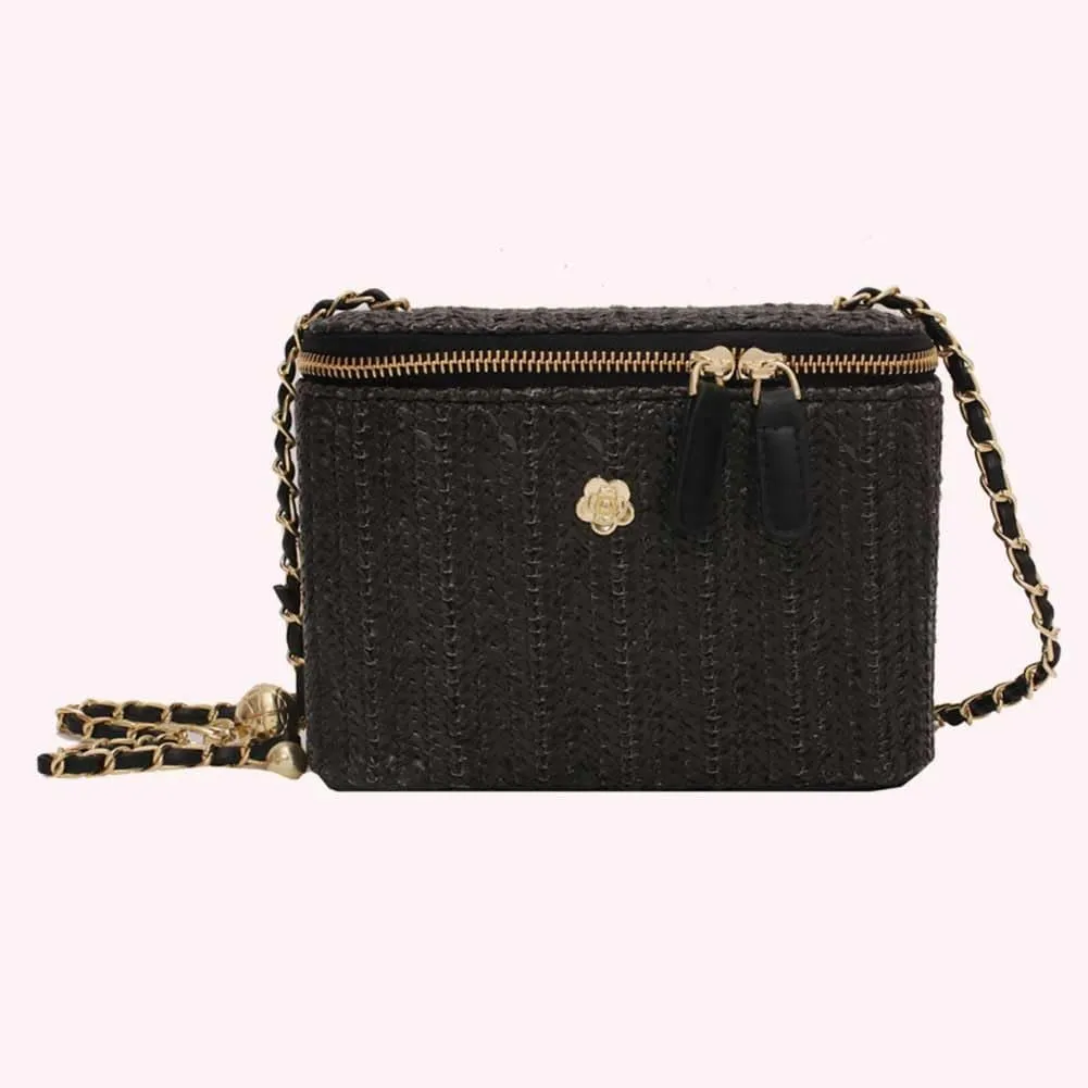 Women Woven Crossbody Bag with Chain Weaving Beach Handbag Straw Bucket Satchel Bag Ladies Summer Daily Bag
