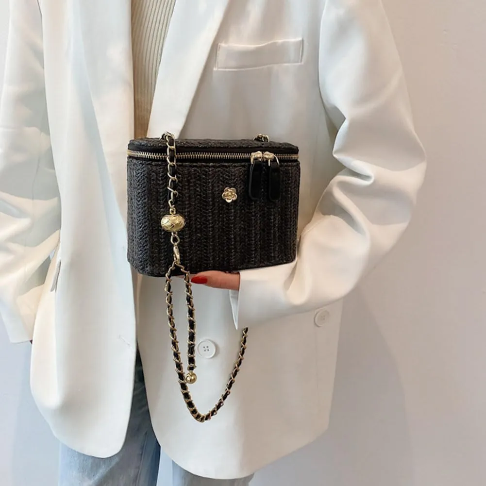Women Woven Crossbody Bag with Chain Weaving Beach Handbag Straw Bucket Satchel Bag Ladies Summer Daily Bag
