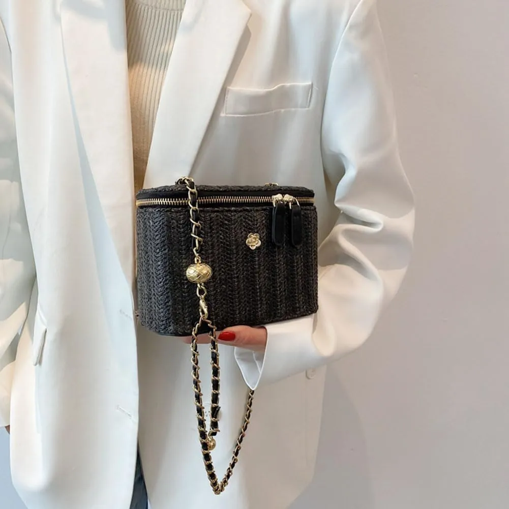 Women Woven Crossbody Bag with Chain Weaving Beach Handbag Straw Bucket Satchel Bag Ladies Summer Daily Bag