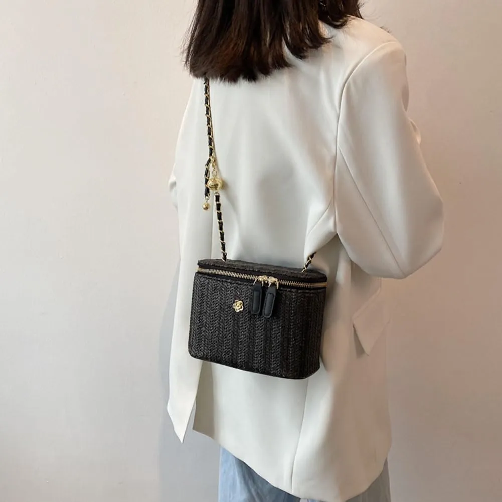 Women Woven Crossbody Bag with Chain Weaving Beach Handbag Straw Bucket Satchel Bag Ladies Summer Daily Bag