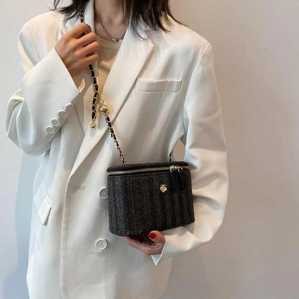 Women Woven Crossbody Bag with Chain Weaving Beach Handbag Straw Bucket Satchel Bag Ladies Summer Daily Bag