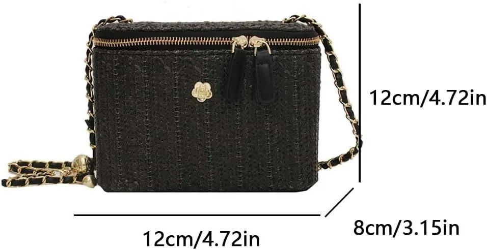 Women Woven Crossbody Bag with Chain Weaving Beach Handbag Straw Bucket Satchel Bag Ladies Summer Daily Bag