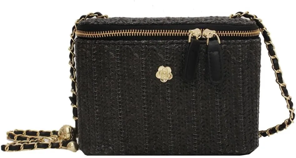 Women Woven Crossbody Bag with Chain Weaving Beach Handbag Straw Bucket Satchel Bag Ladies Summer Daily Bag