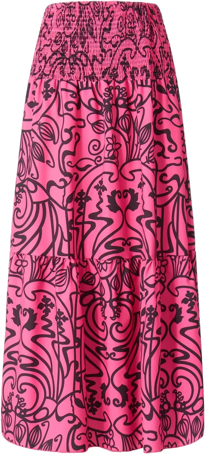 Women Y2K Bohemian Long Skirt Floral Elastic High Waist Pleated Flowy Maxi Skirt Summer Casual A Line Skirt