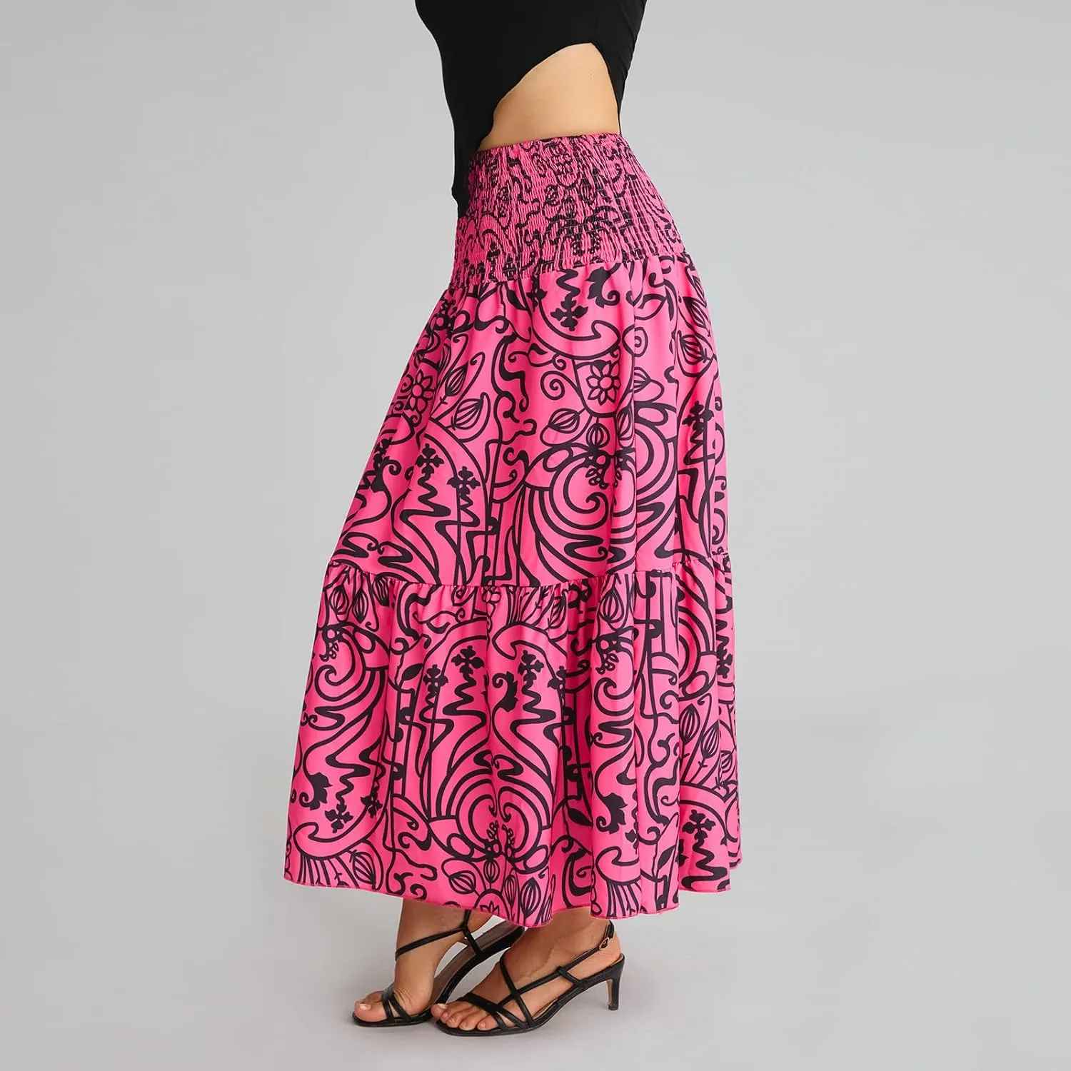 Women Y2K Bohemian Long Skirt Floral Elastic High Waist Pleated Flowy Maxi Skirt Summer Casual A Line Skirt