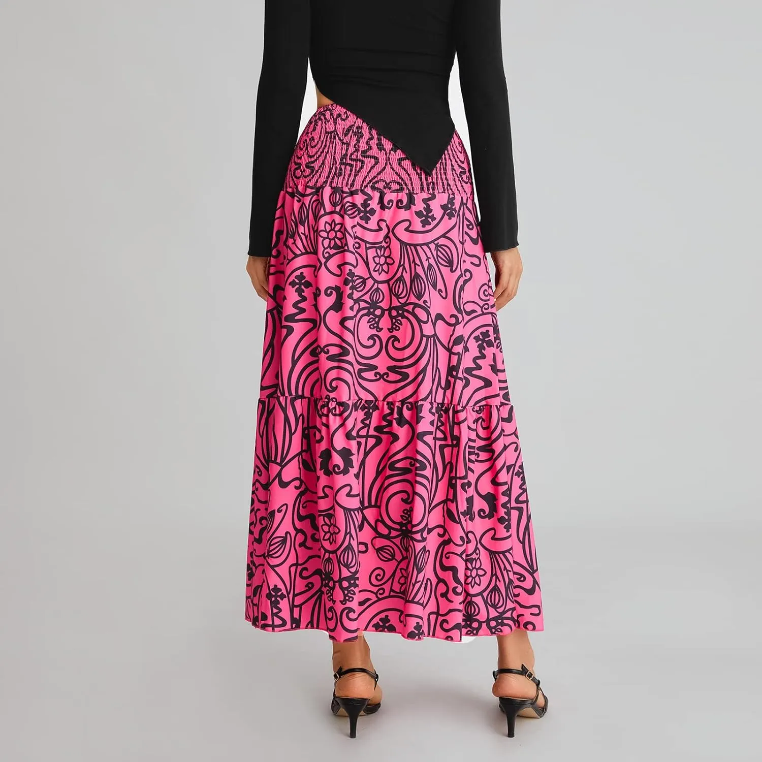 Women Y2K Bohemian Long Skirt Floral Elastic High Waist Pleated Flowy Maxi Skirt Summer Casual A Line Skirt