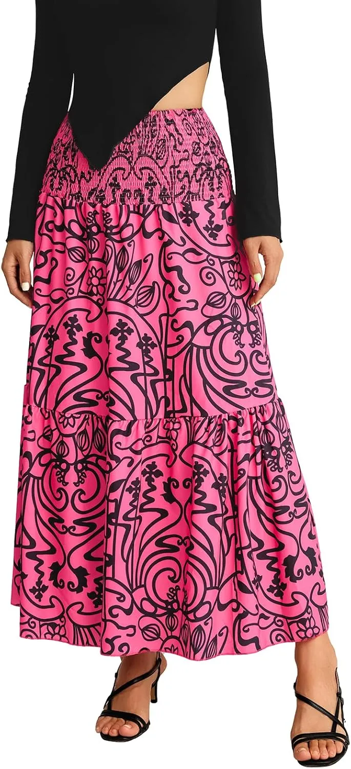 Women Y2K Bohemian Long Skirt Floral Elastic High Waist Pleated Flowy Maxi Skirt Summer Casual A Line Skirt